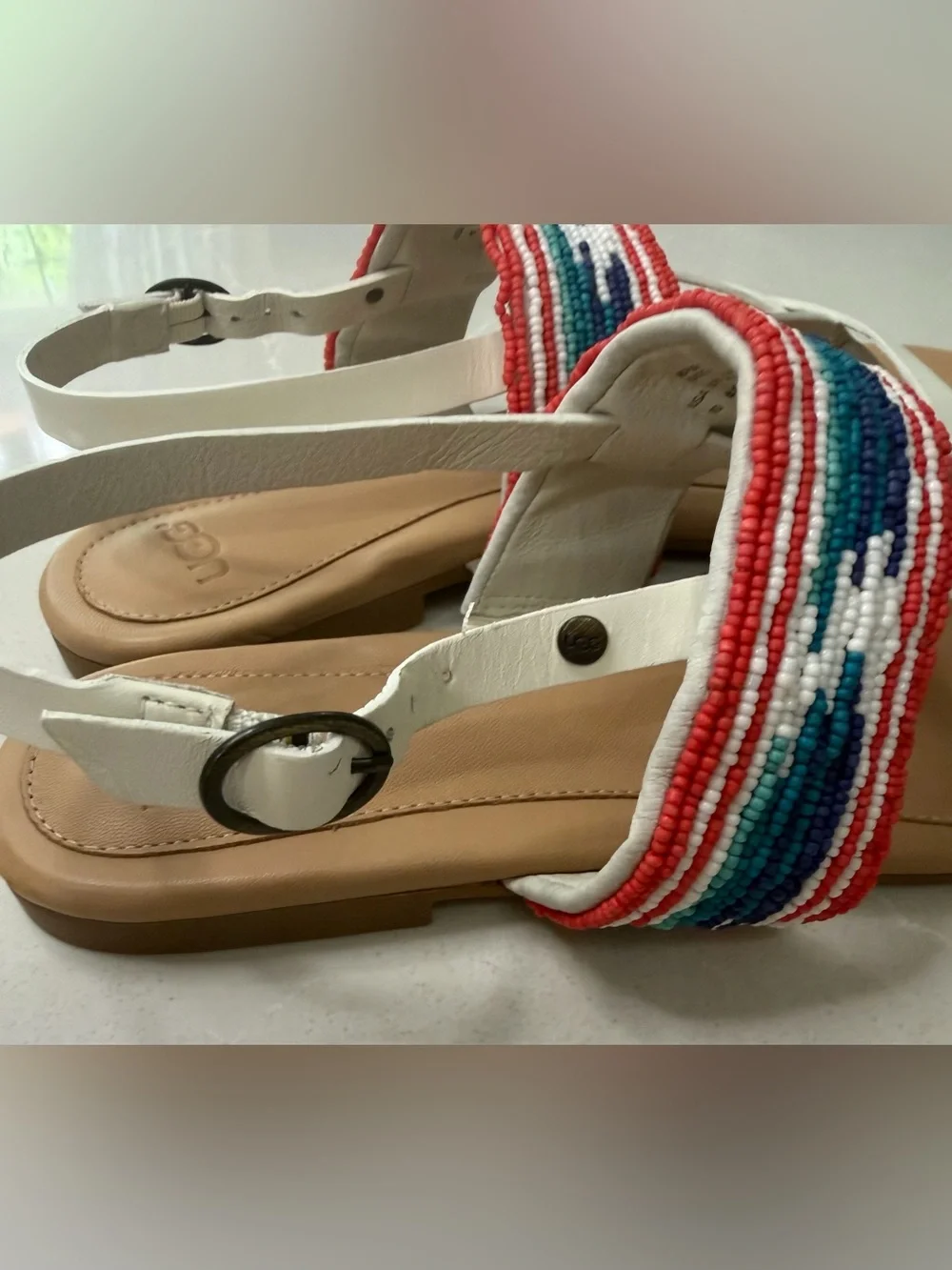 New UGG Verona Serape Beaded White Leather Strappy Slingback Sandals, 10